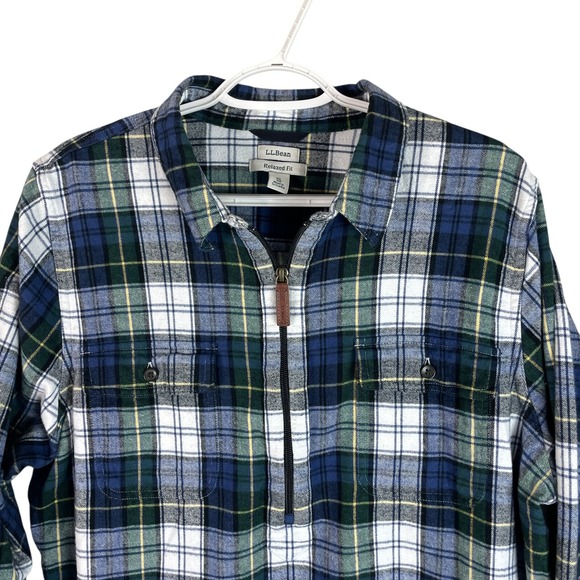 LL Bean Womens‎ Relaxed Fit Scotch Plaid Flannel 1/4 Zip Shirt XL Cotton Pockets - Picture 1 of 6